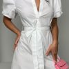 Women Styched Fashion | Puff Sleeve Wrap Around Shirt Dress