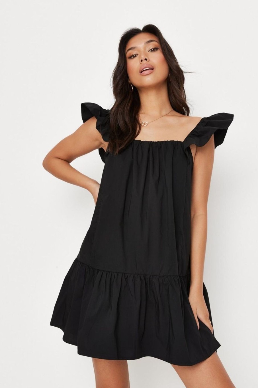 Women Styched Fashion | Frilled Strap Black Mini Dress