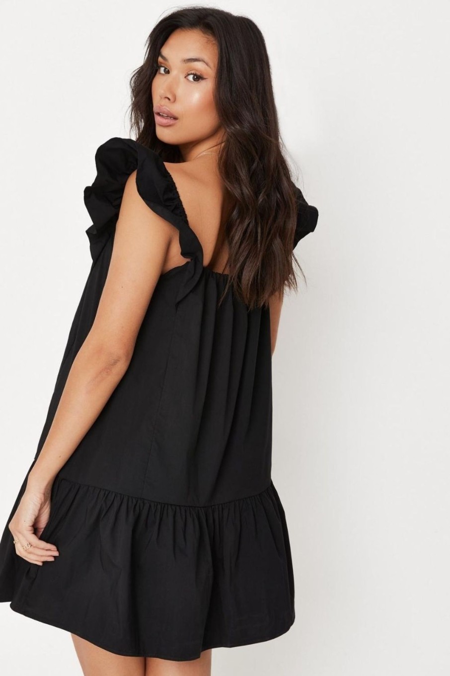 Women Styched Fashion | Frilled Strap Black Mini Dress