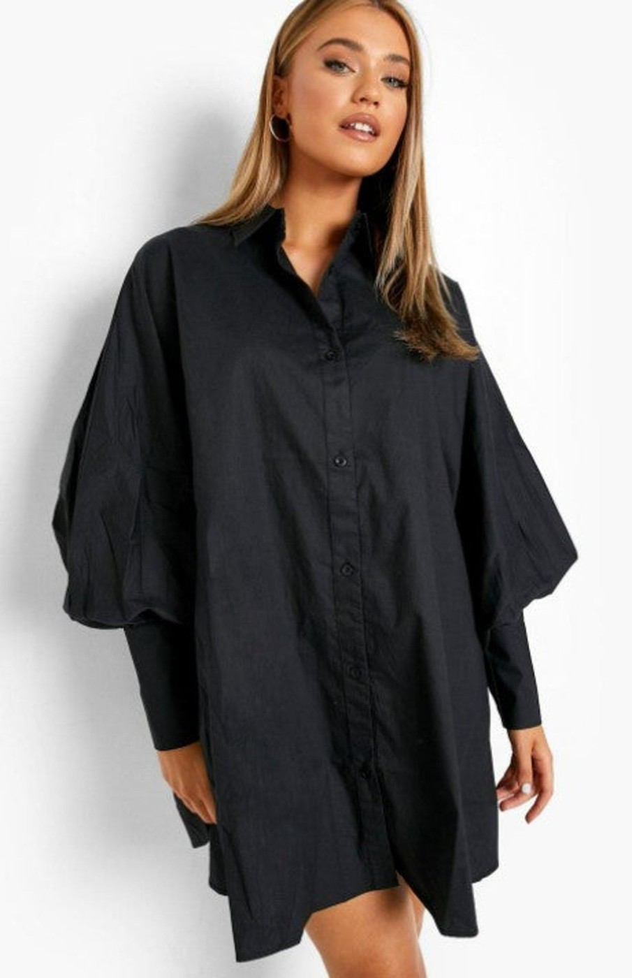 Women Styched Fashion | Black Oversized Batwing Balloon Sleeve Shirt Dress