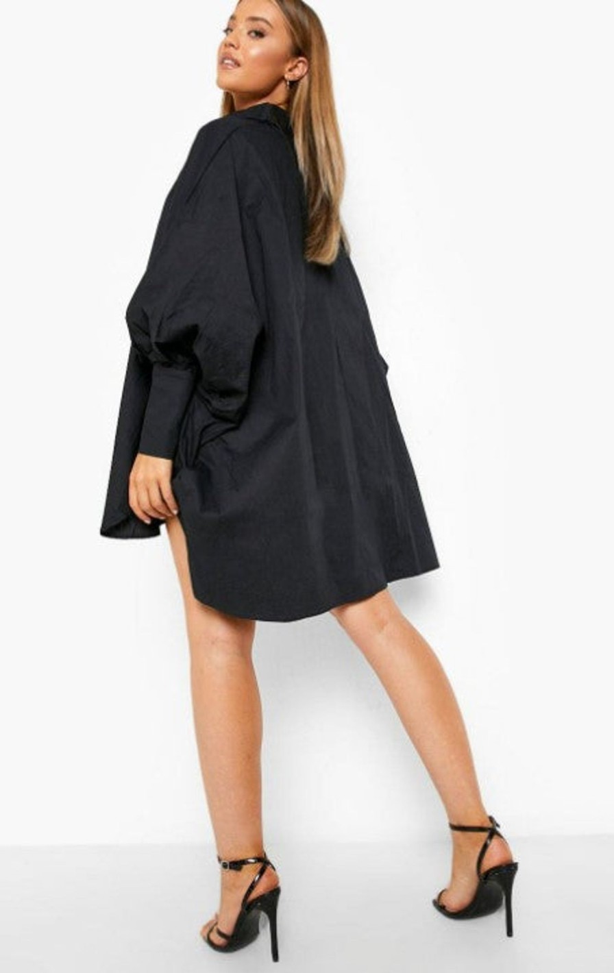 Women Styched Fashion | Black Oversized Batwing Balloon Sleeve Shirt Dress