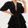 Women Styched Fashion | Flared Black Plunge Neck Mini Black Dress