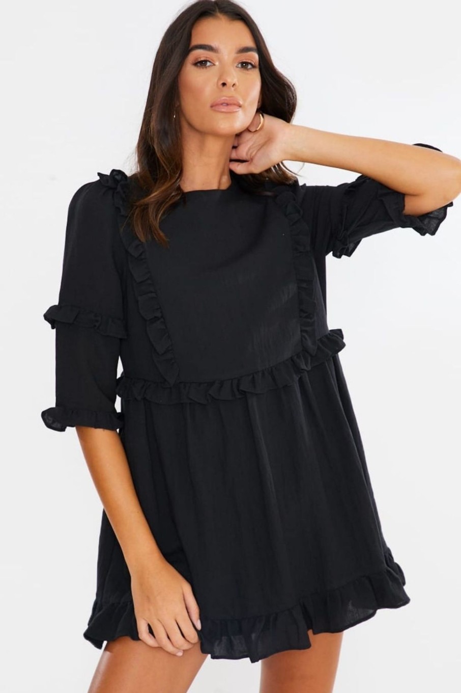 Women Styched Fashion | Black 'Girl'S Girl' Ruffle Mini Dress