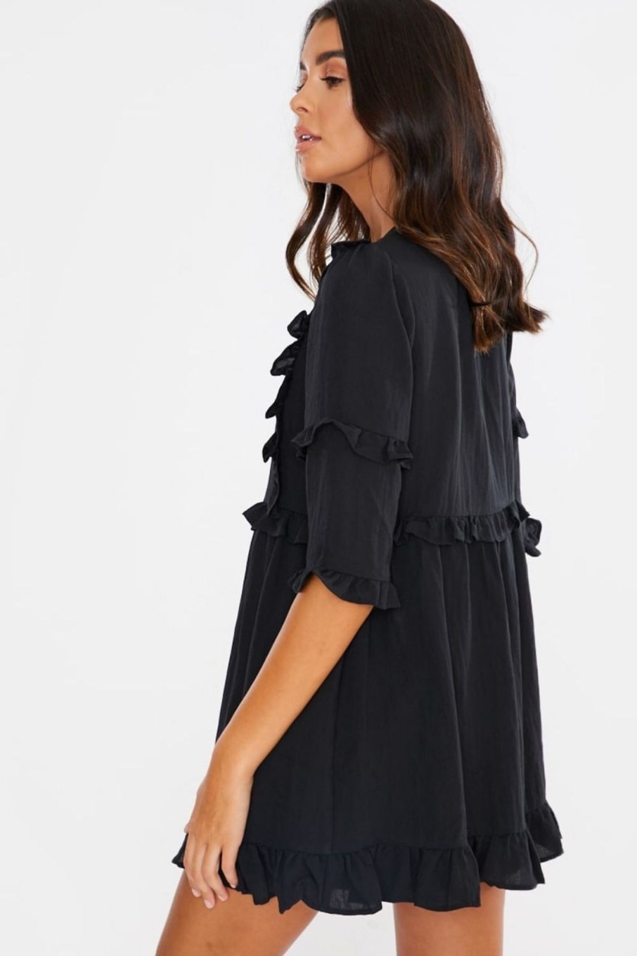 Women Styched Fashion | Black 'Girl'S Girl' Ruffle Mini Dress