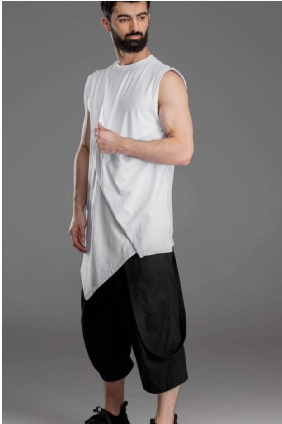 Men Styched Fashion | Asymmetric Sleeveless White T-Shirt