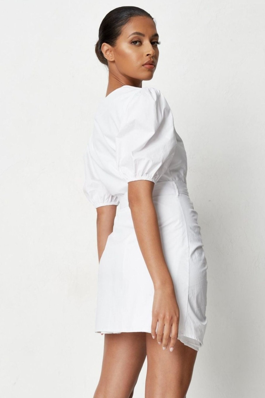 Women Styched Fashion | Tie Knot At The Waist Open Front White Mini Dress