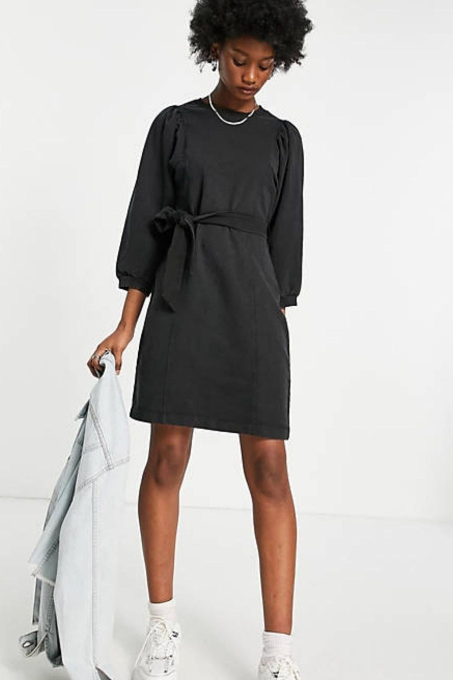 Women Styched Fashion | Dress With Puff Sleeve In Washed Black