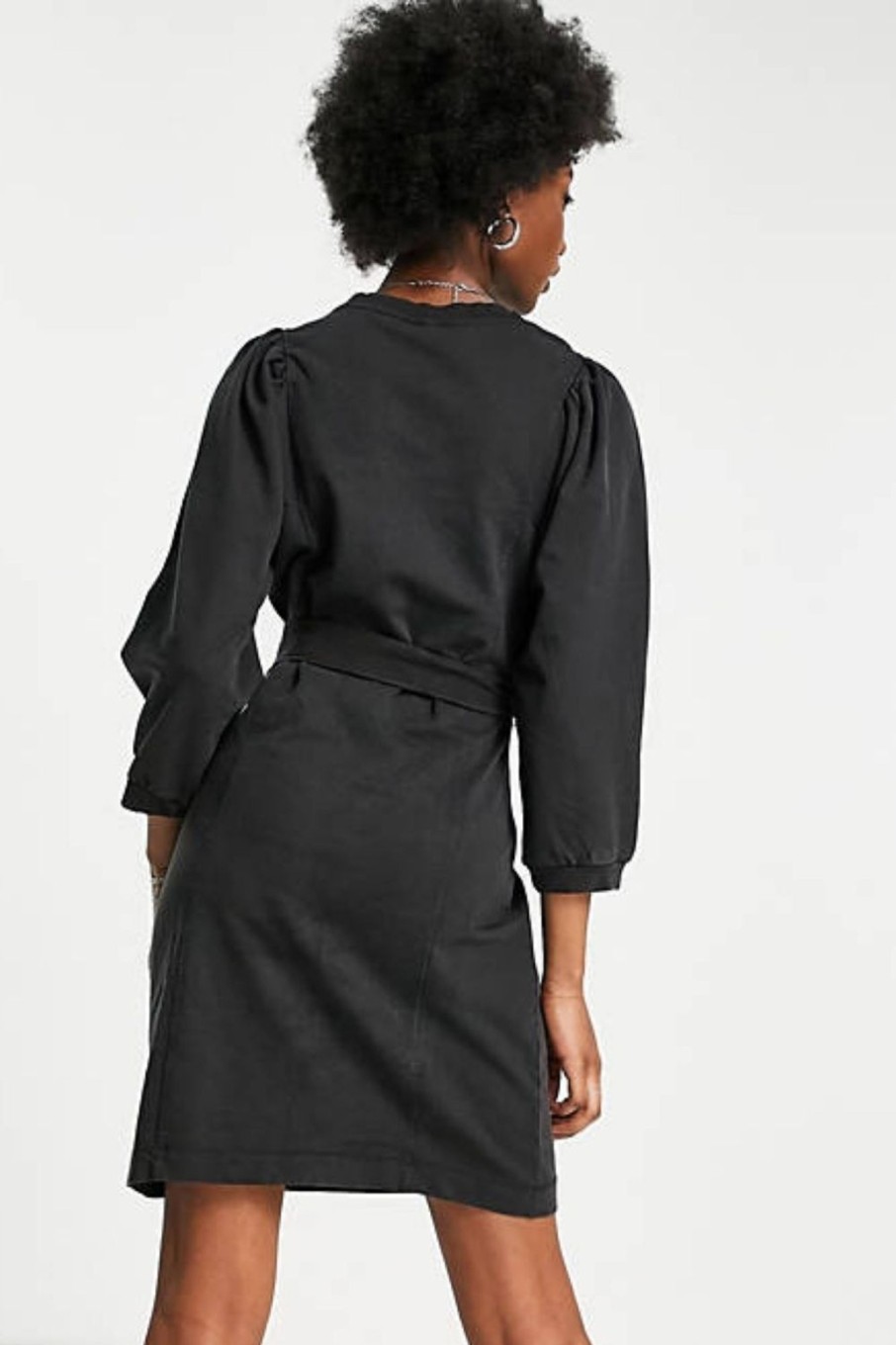 Women Styched Fashion | Dress With Puff Sleeve In Washed Black