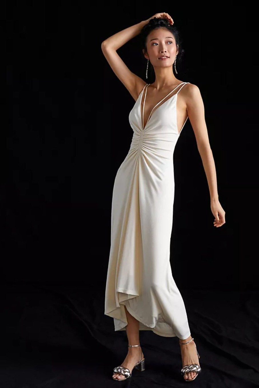 Women Styched Fashion | White Pretty Me Ruched Midi Dress