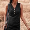 Women Styched Fashion | Button Down Rouched Asymmetrical Hem Mini Dress