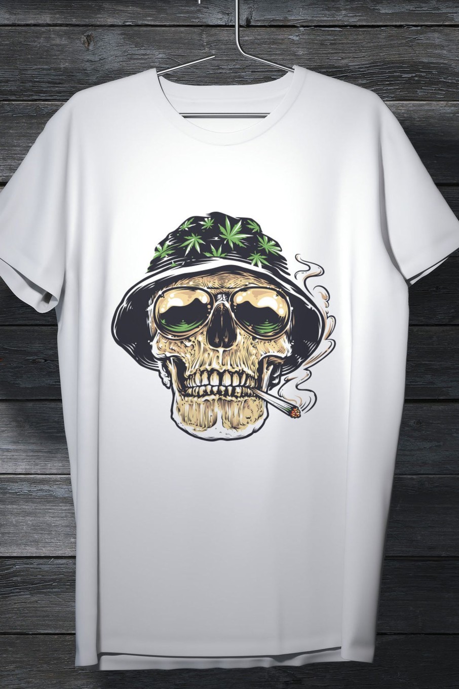 Men Styched Fashion | Weed Puffing Skeleton - White Casual Quirky T-Shirt