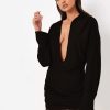 Women Styched Fashion | Black Deep Neck Drape Front Mini Dress