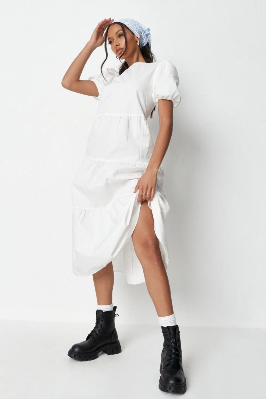 Women Styched Fashion | Puff Sleeved White Ruffle Midi Dress