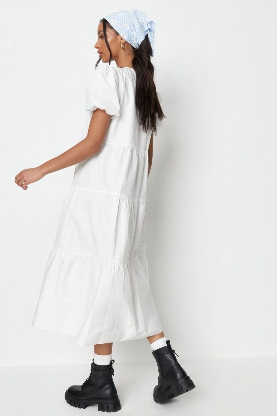 Women Styched Fashion | Puff Sleeved White Ruffle Midi Dress