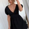 Women Styched Fashion | Plunge Neck Puff Sleeve Backless Mini Dress