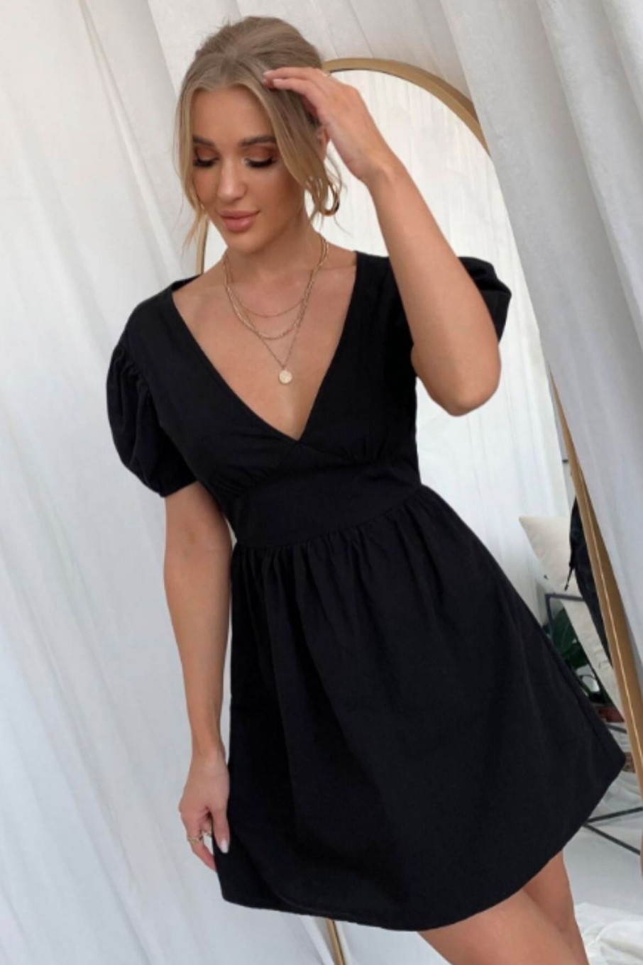 Women Styched Fashion | Plunge Neck Puff Sleeve Backless Mini Dress