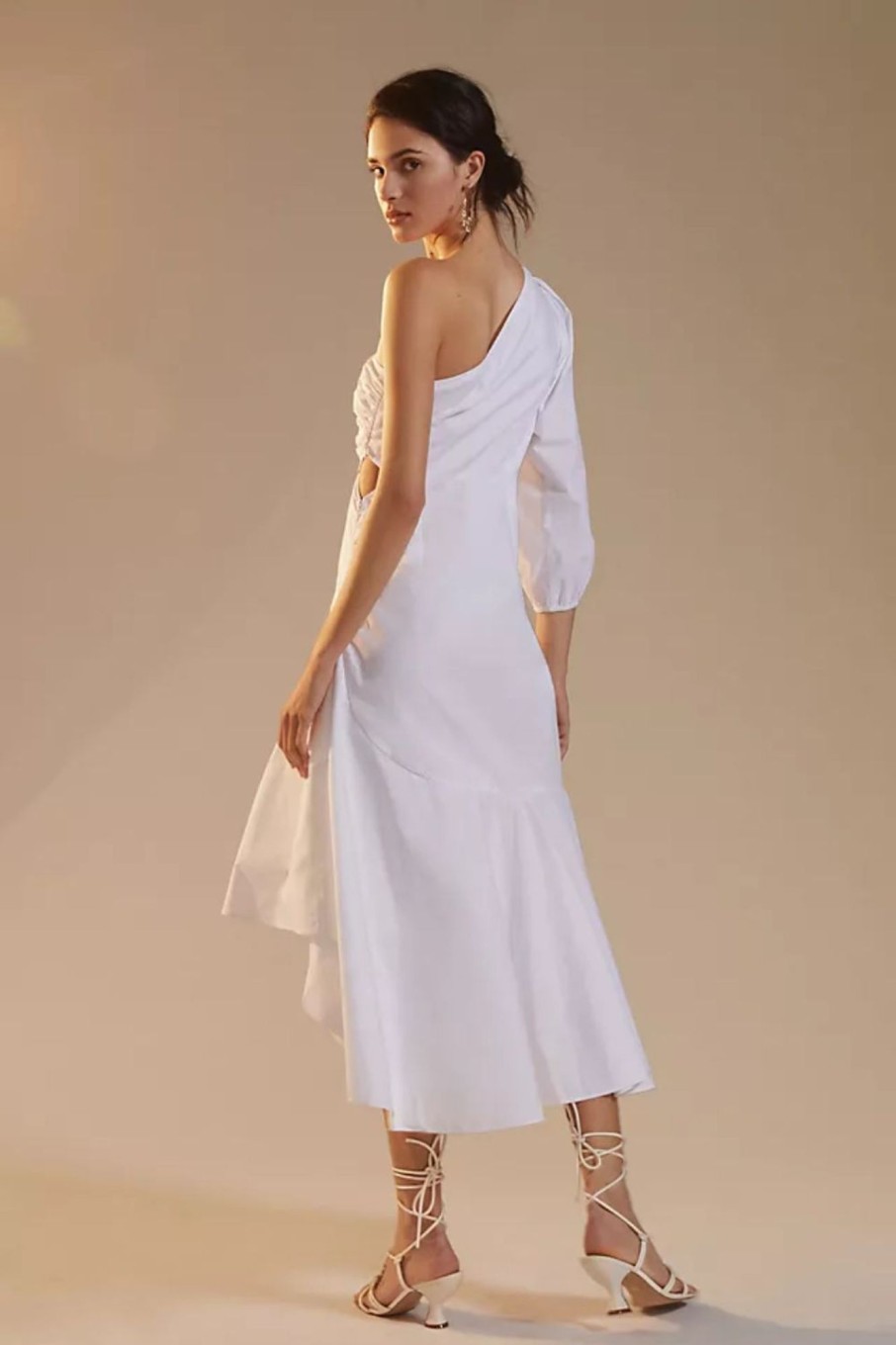 Women Styched Fashion | White One-Shoulder Midi Dress