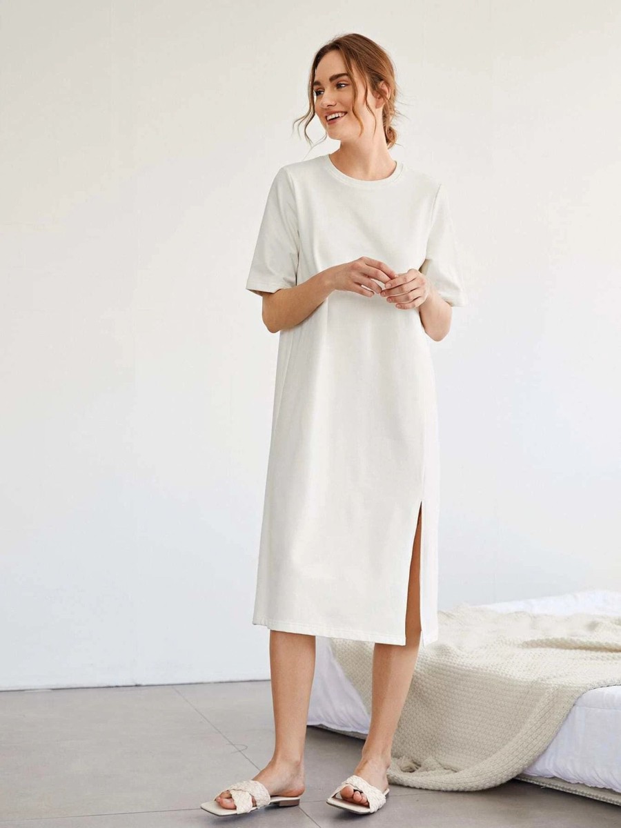 Women Styched Fashion | White Tee Dress With Slit