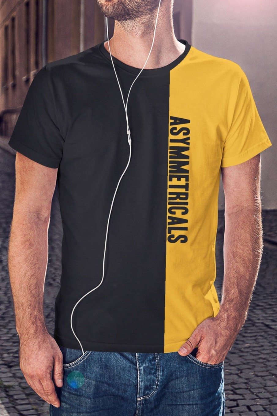 Men Styched Fashion | Black And Yellow Vertical Blocked Asymmetrical Tshirt