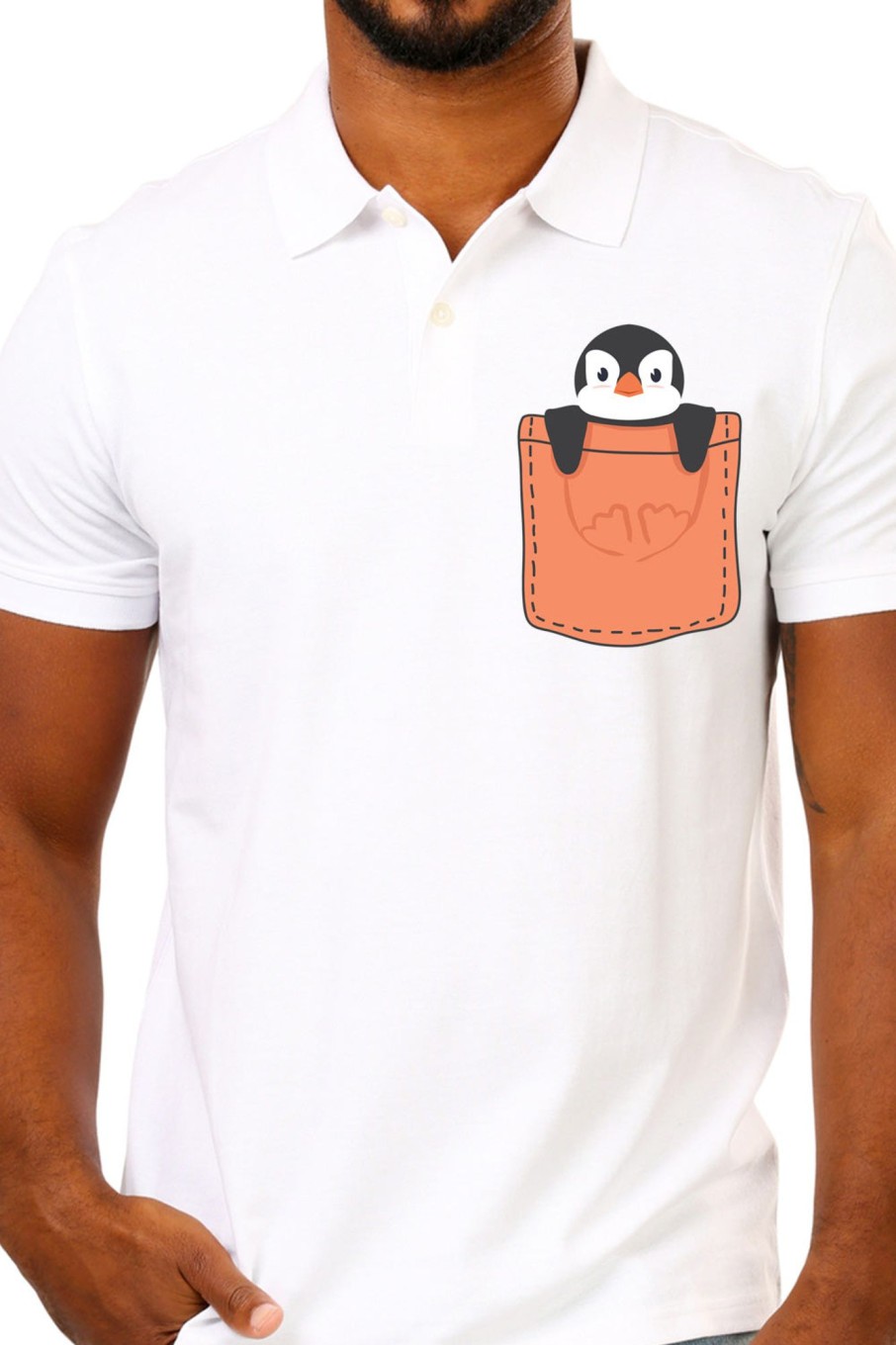 Men Styched Fashion | White Premium Polo T-Shirt With Penguin Peeping Out Of Orange Pocket Printed