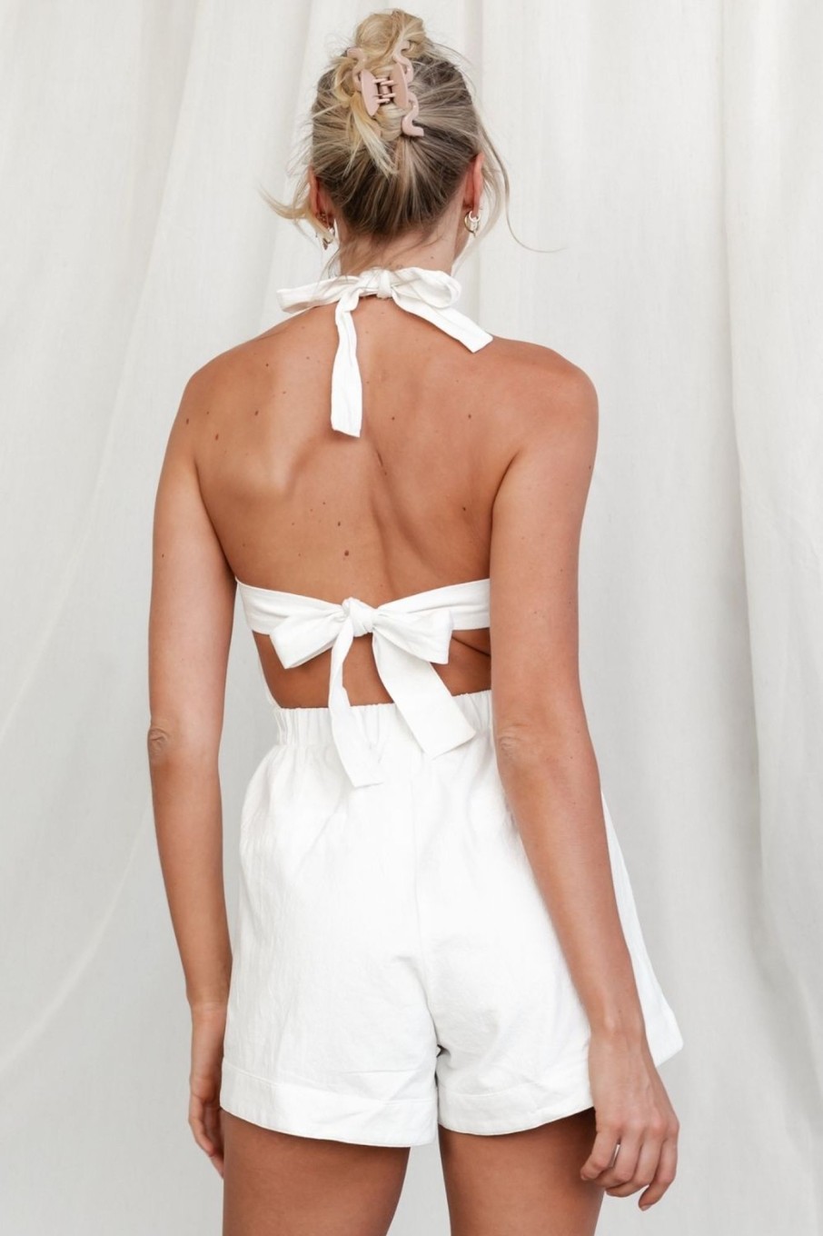 Women Styched Fashion | White Halter Neckline Backless Playsuit