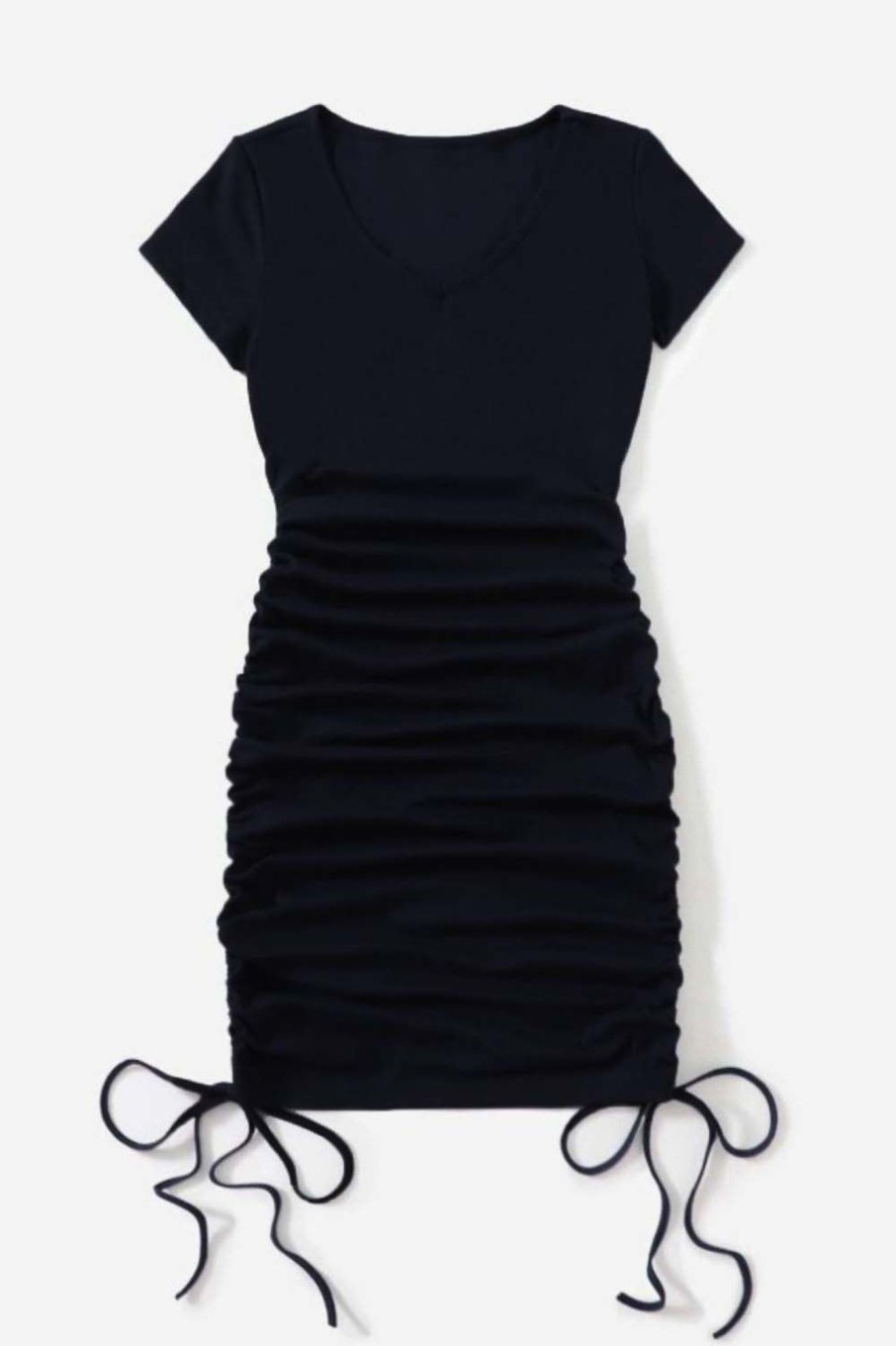 Women Styched Fashion | V-Neck Drawstring Ruched Side Dress