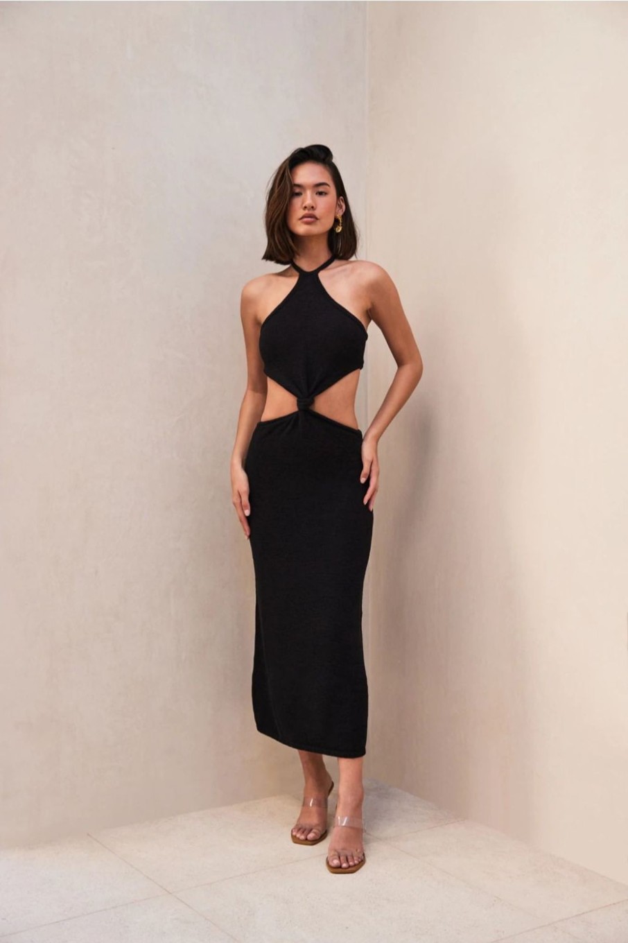 Women Styched Fashion | Halter Neck Black Hot Tied From Waist Dress