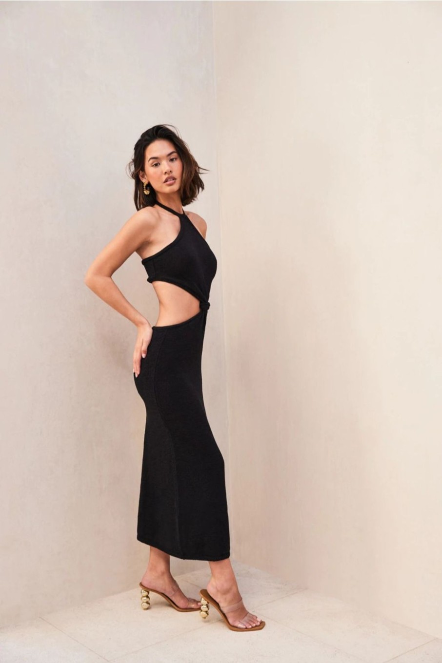 Women Styched Fashion | Halter Neck Black Hot Tied From Waist Dress