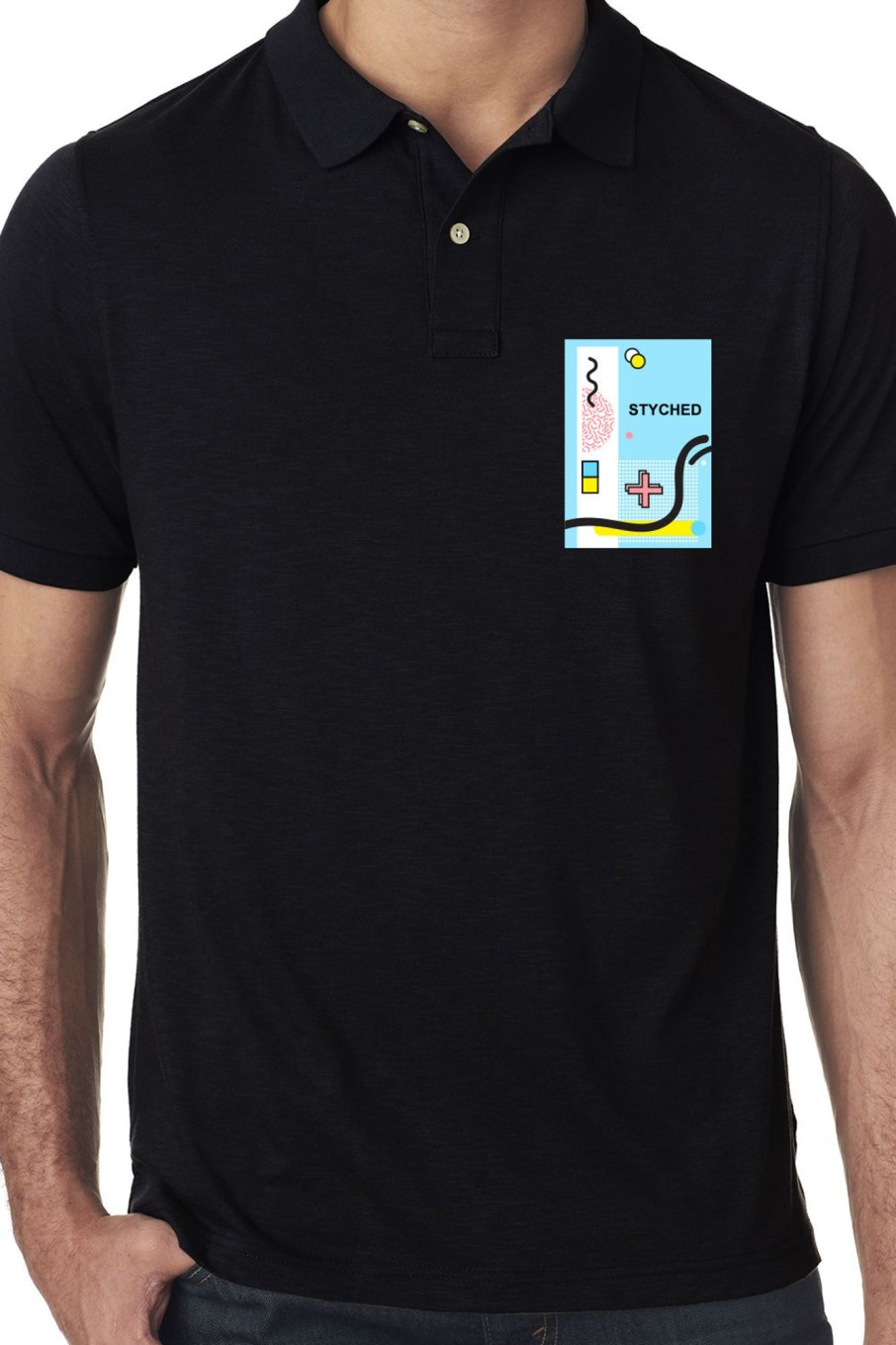 Men Styched Fashion | Black Premium Polo T-Shirt With Memphis Flow Style Pocket Print