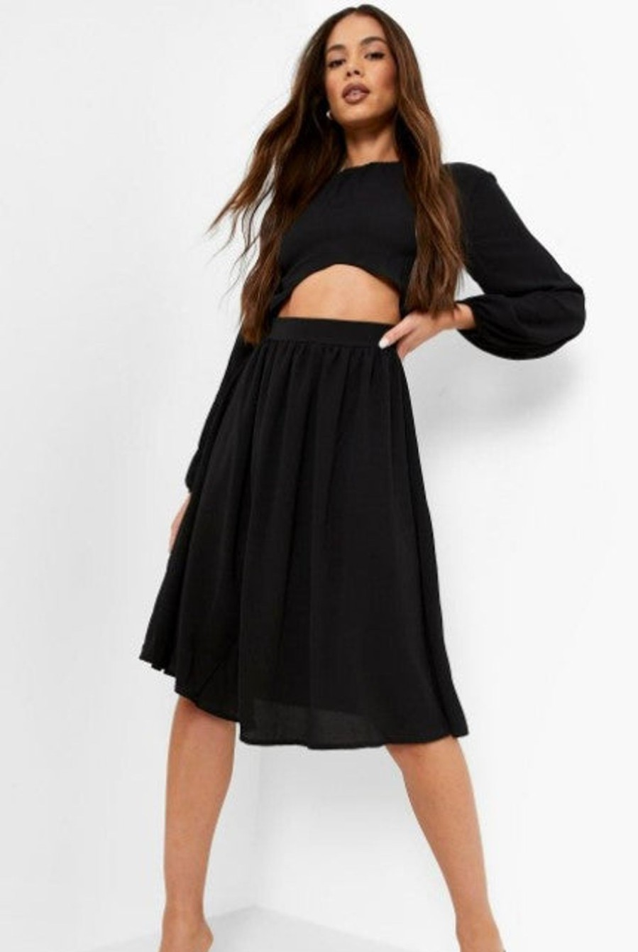 Women Styched Fashion | Black Twist Cut Out Midi Skater Dress