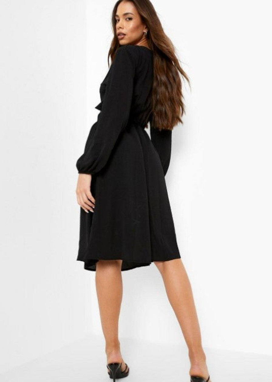 Women Styched Fashion | Black Twist Cut Out Midi Skater Dress