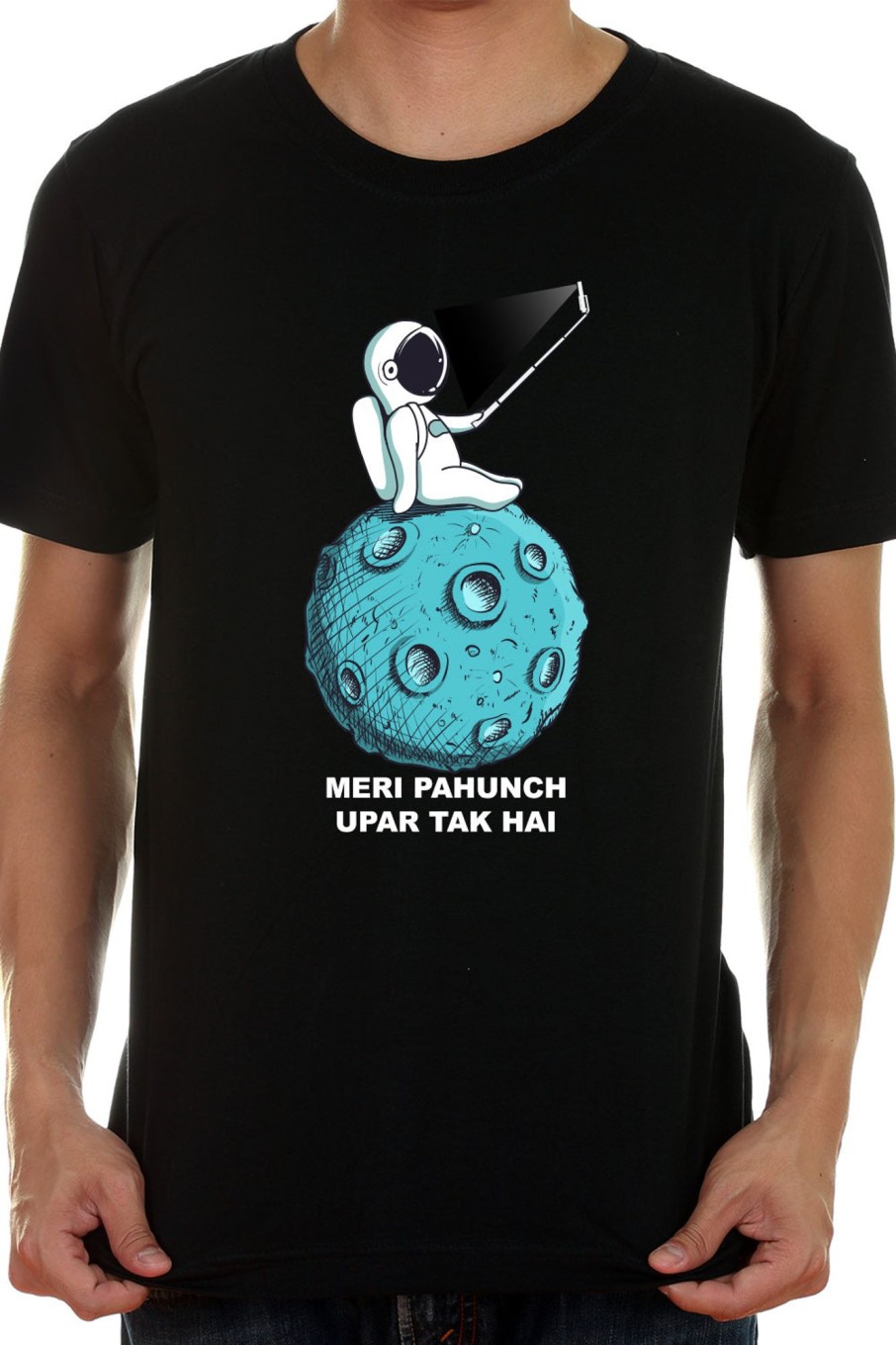 Men Styched Fashion | Meri Pahunch Upar Tak Hai - Astronaut Selfie Black Tee