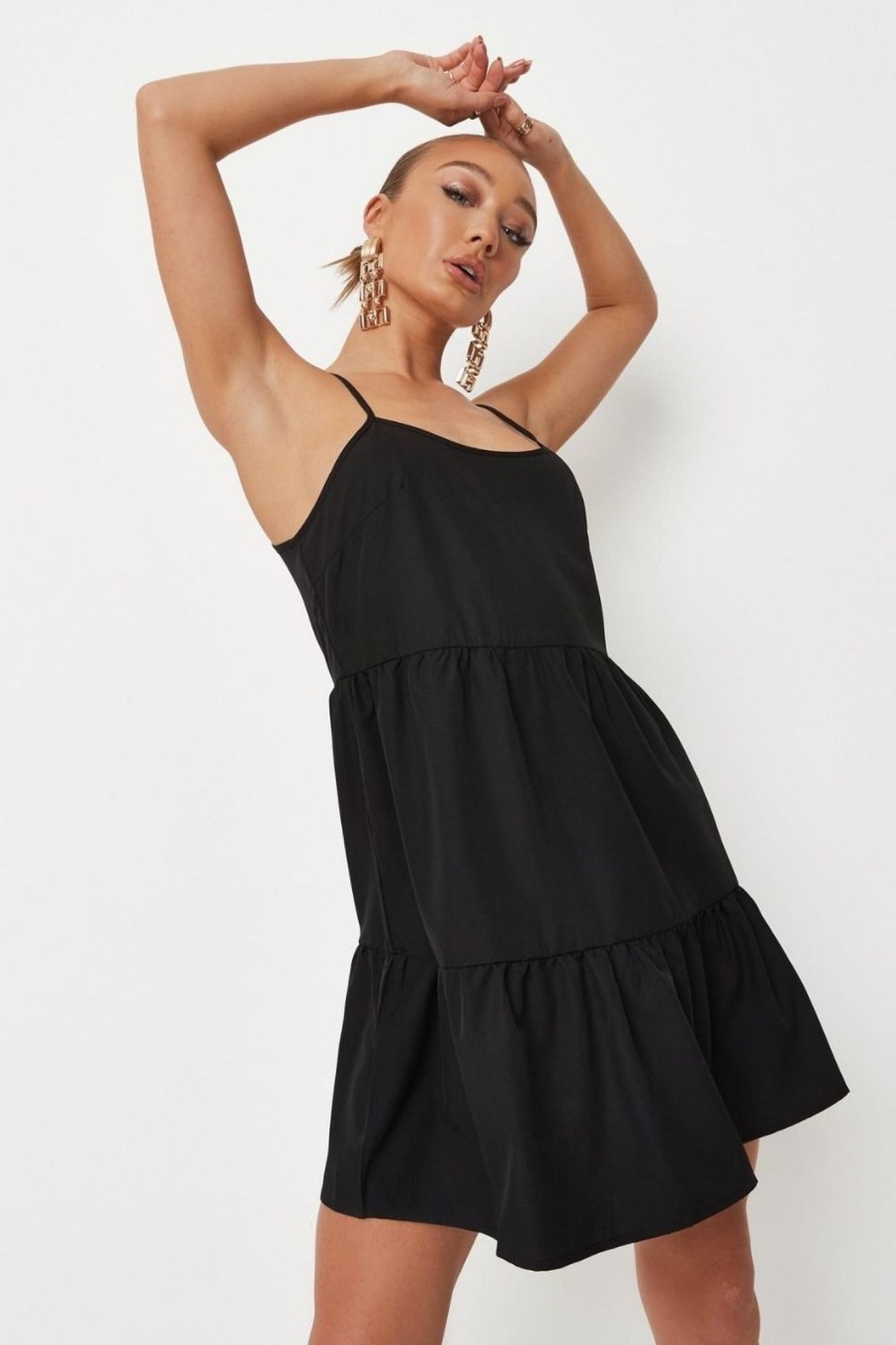 Women Styched Fashion | Black Cami Tiered Smock Dress