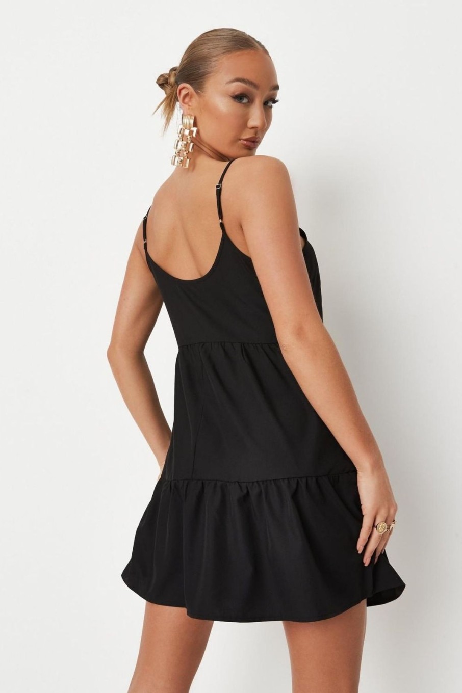 Women Styched Fashion | Black Cami Tiered Smock Dress