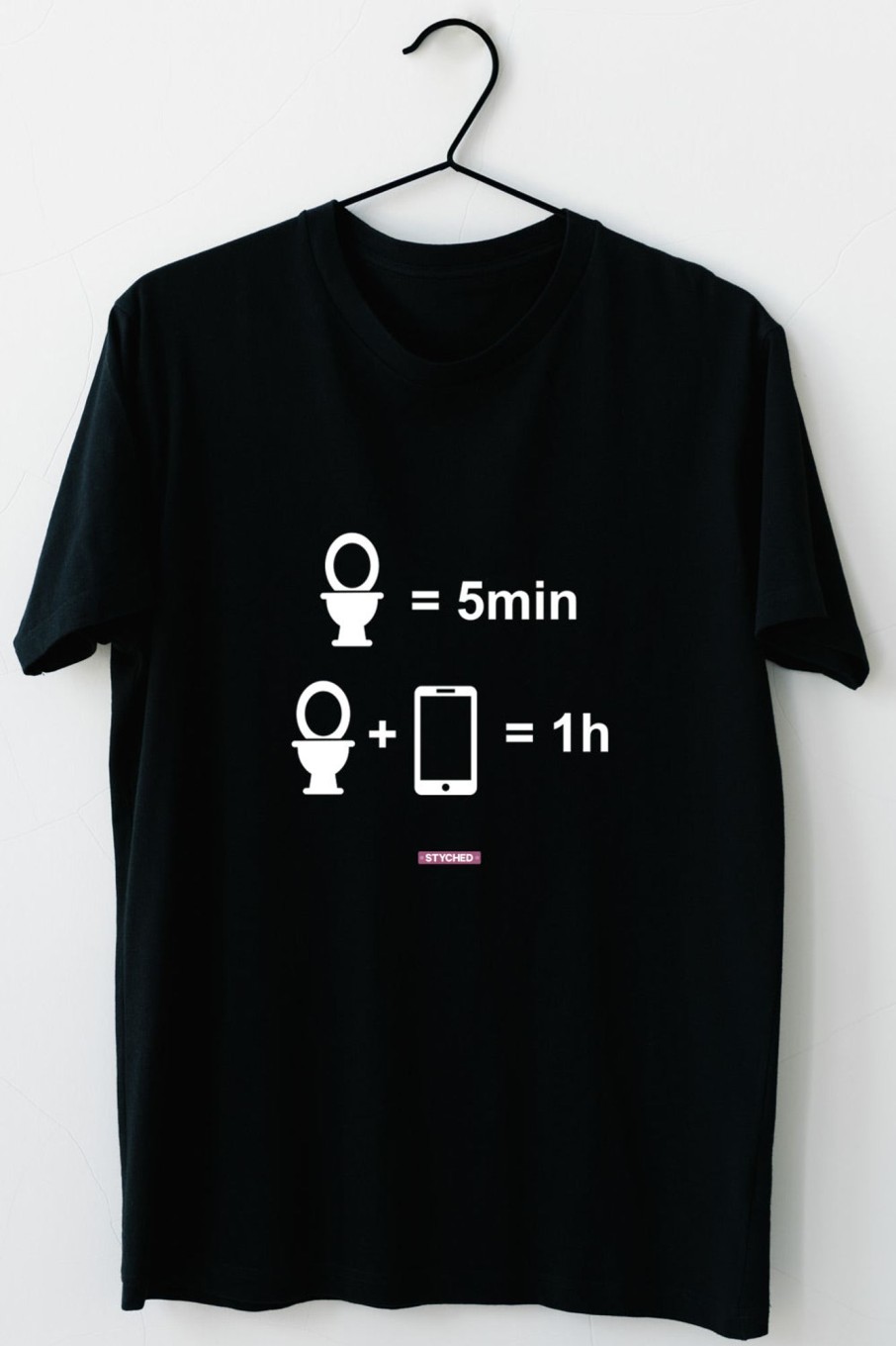 Men Styched Fashion | Time In Restroom With Phone - Quirky Graphic T-Shirt Black Color