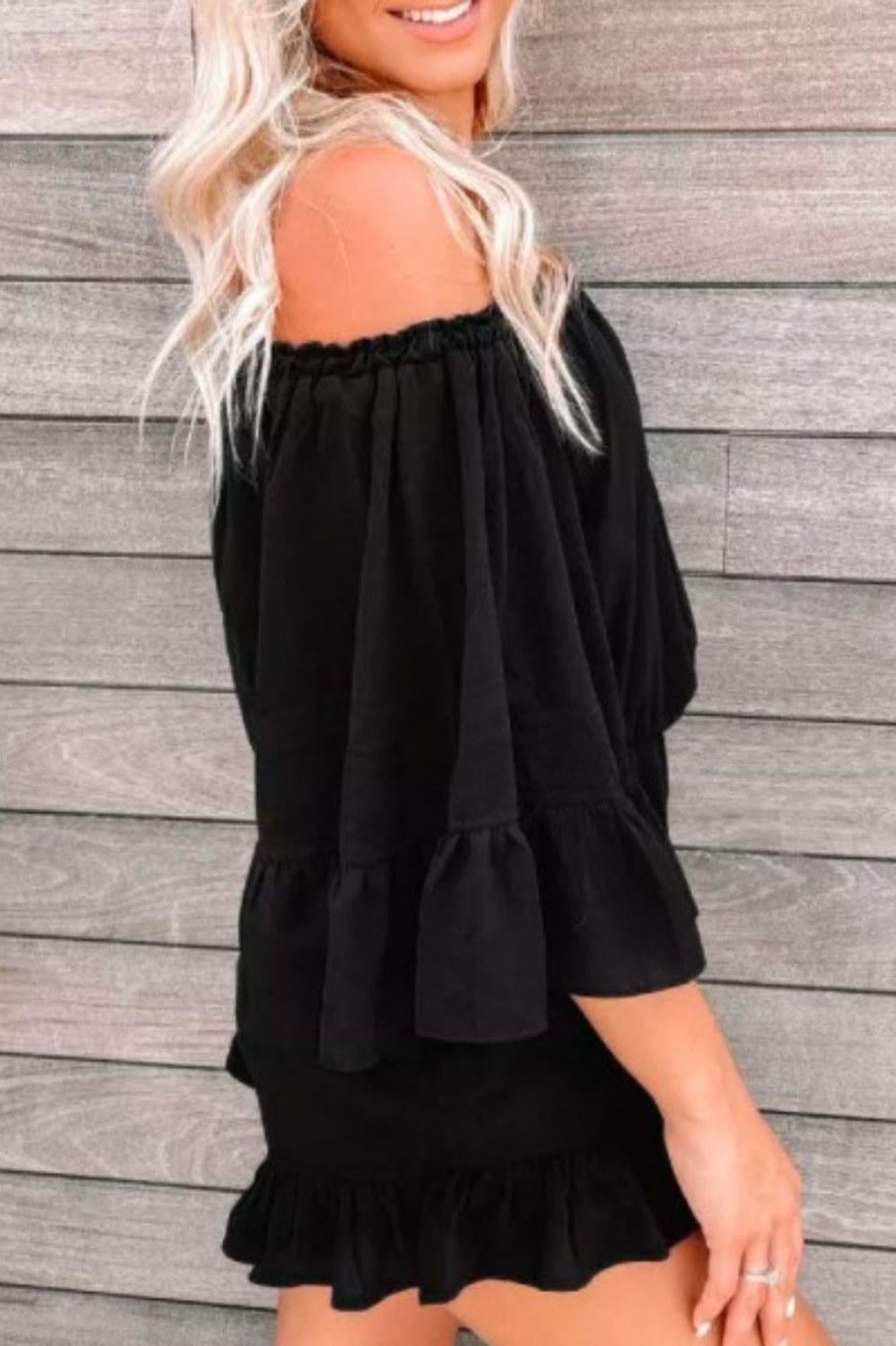 Women Styched Fashion | Ruffled Elastic Waistnoff Shoulder Romper In Black