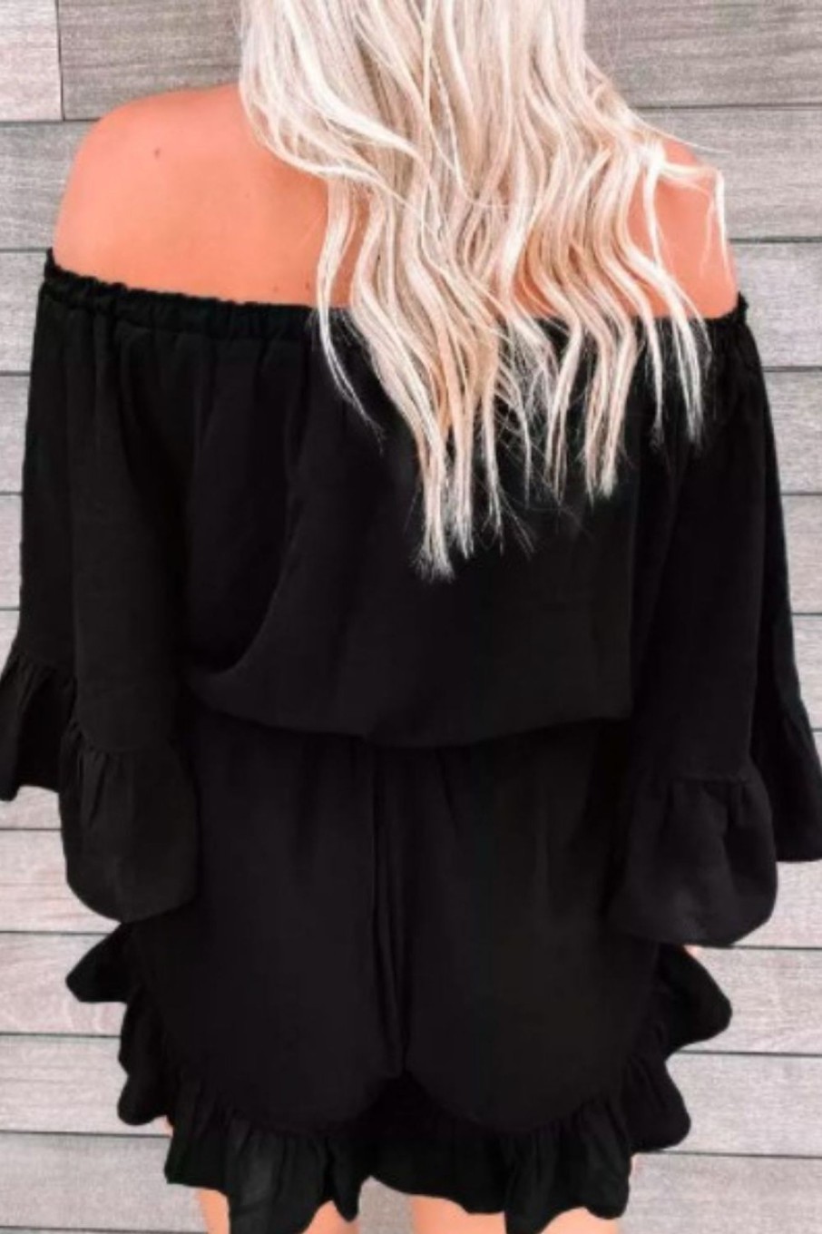 Women Styched Fashion | Ruffled Elastic Waistnoff Shoulder Romper In Black