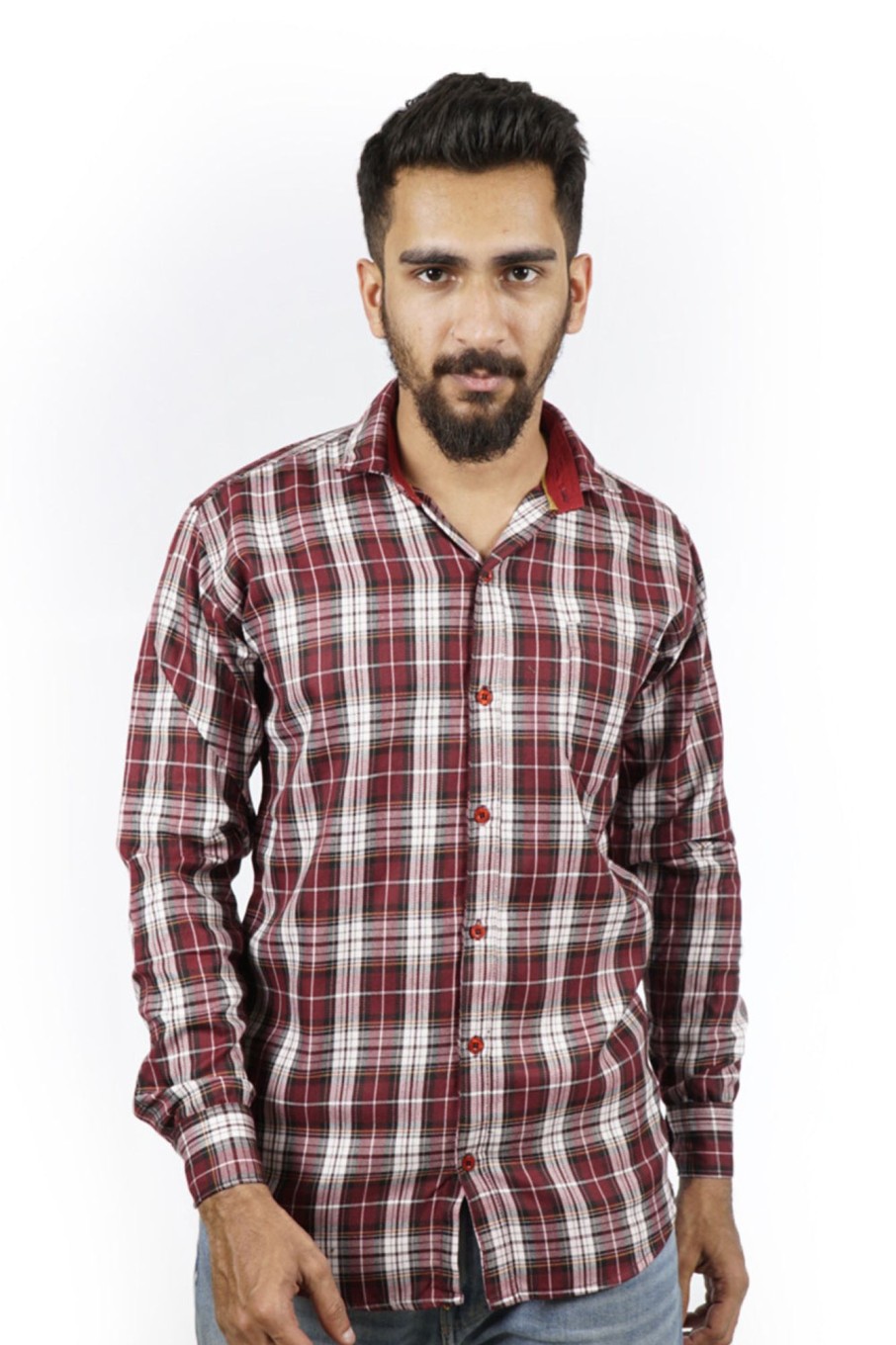 Men Styched Fashion | White And Maroon Checked Slim Fit Shirt