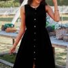 Women Styched Fashion | Button Down Sleeveless Round Neck Dress