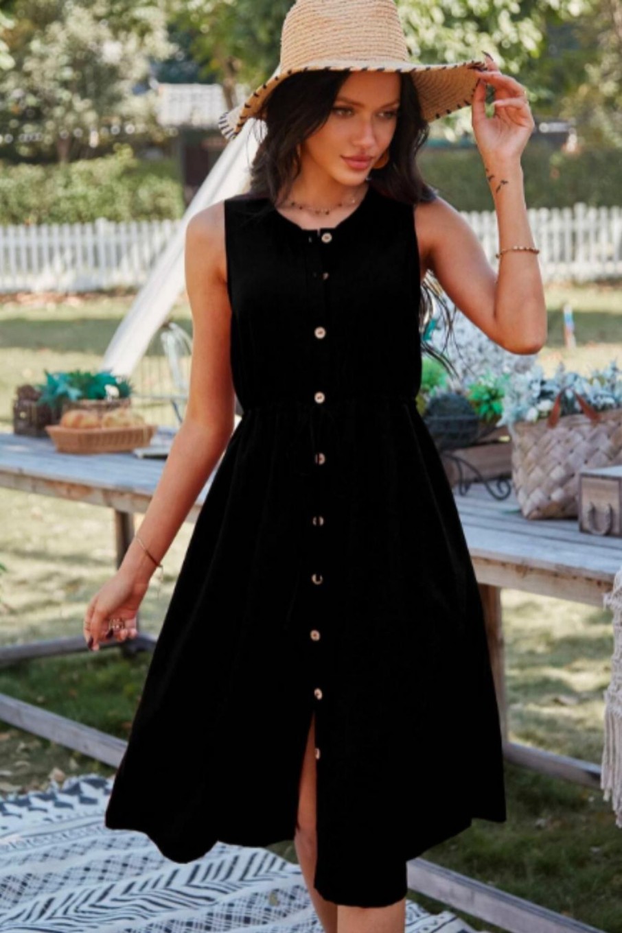 Women Styched Fashion | Button Down Sleeveless Round Neck Dress