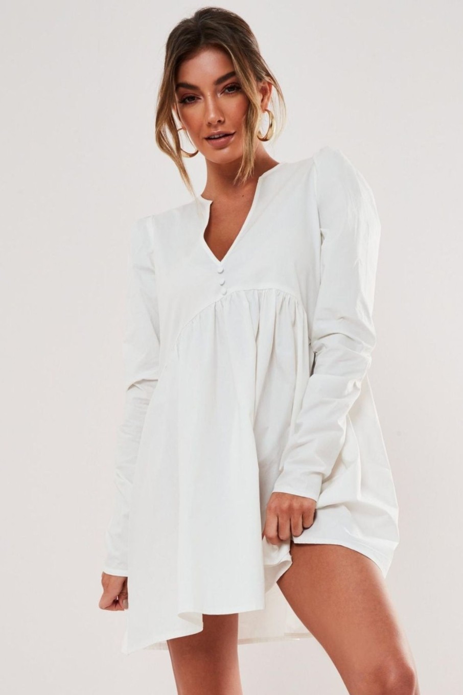 Women Styched Fashion | White Notch Neck Mini Flare Dress