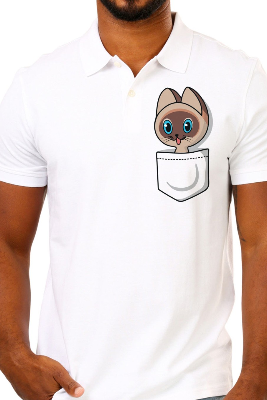 Men Styched Fashion | Peeping Cat Pocket Graphics Printed - White Premium Polo Tee