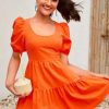 Women Styched Fashion | Orange Tie-Back Puff Sleeve Ruffle Hem Dress