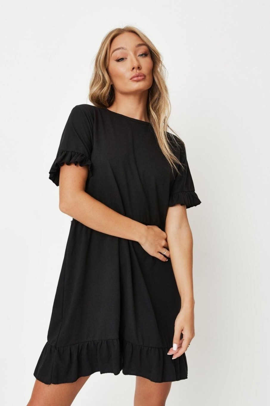 Women Styched Fashion | Black Frill Hem Mini Dress