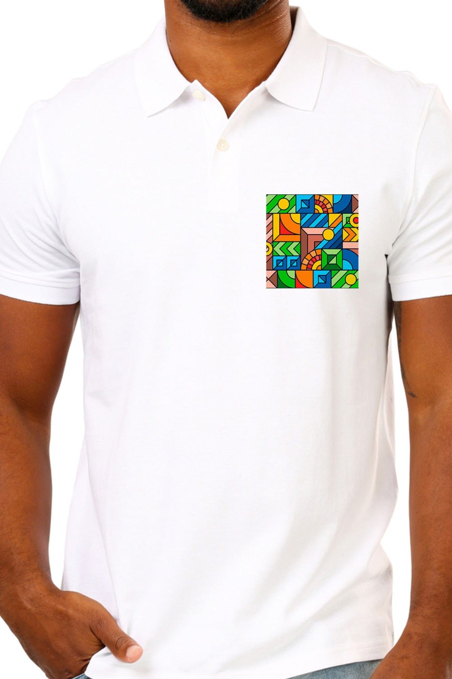 Men Styched Fashion | White Premium Polo T-Shirt With Colorful Geometric Shapes Pocket Print