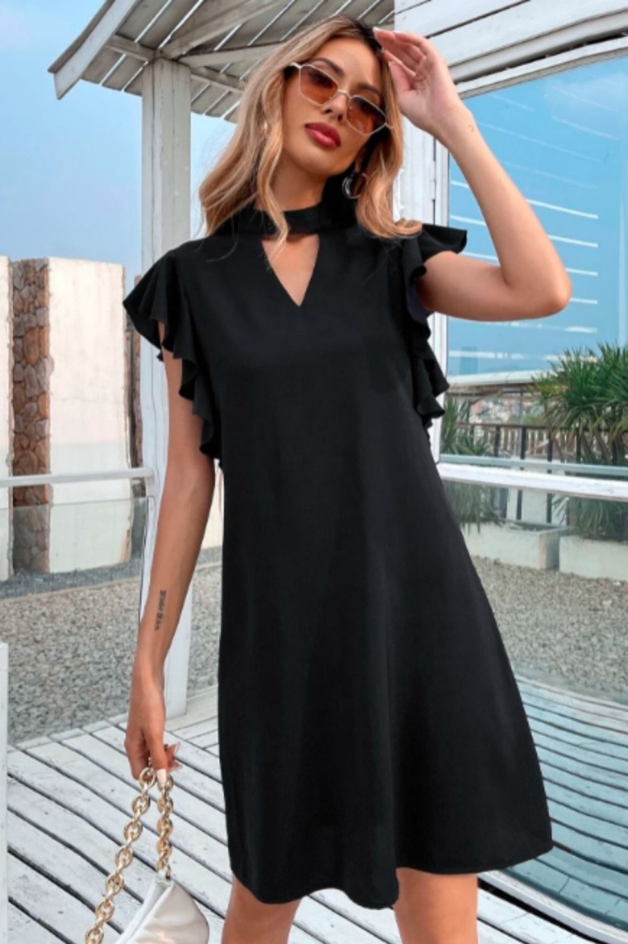 Women Styched Fashion | Solid Butterfly Sleeve Choker Neck Dress