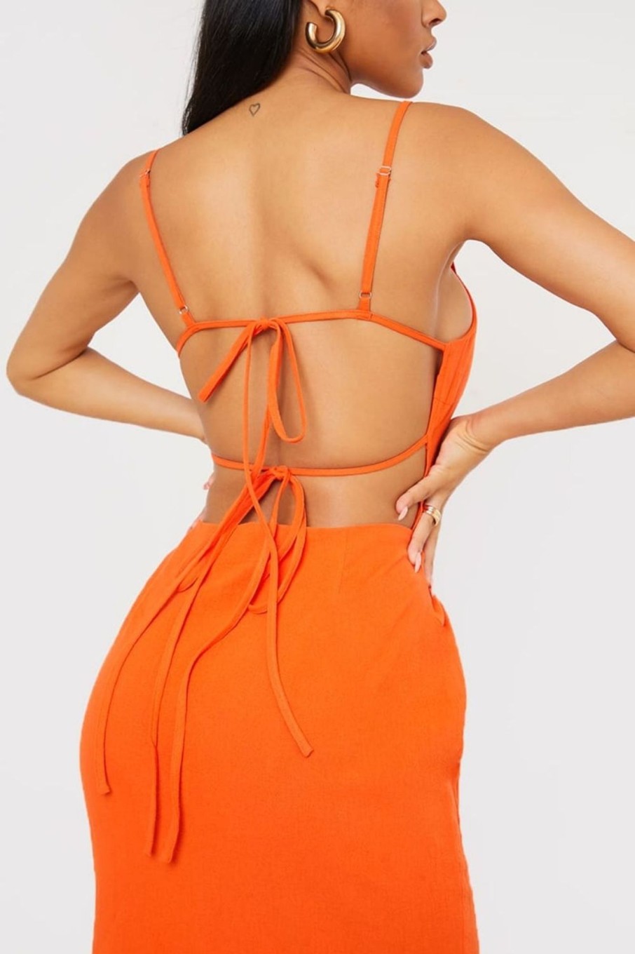 Women Styched Fashion | Orange Square Neck Split Side Maxi Dress