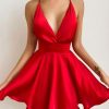 Women Styched Fashion | Tie Waist Plunging Neck Crisscross Backless Satin Dress