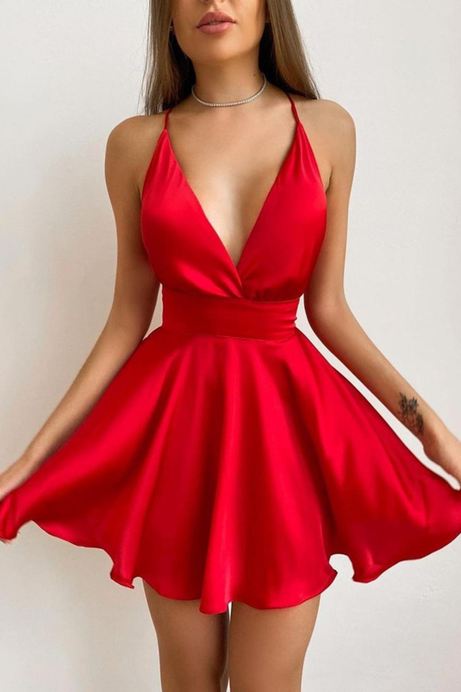 Women Styched Fashion | Tie Waist Plunging Neck Crisscross Backless Satin Dress