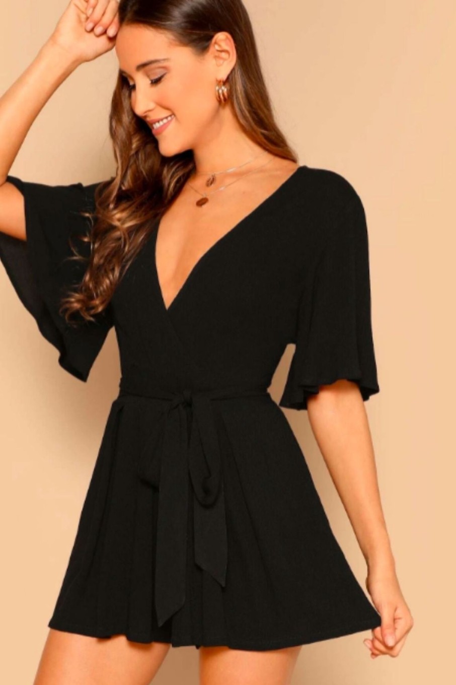 Women Styched Fashion | Deep V Neck Flutter Sleeve Belted Playsuit